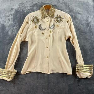 Lily Rubin Womens Vintage Blouse Sequin Moon & Stars Size 6 Elegant